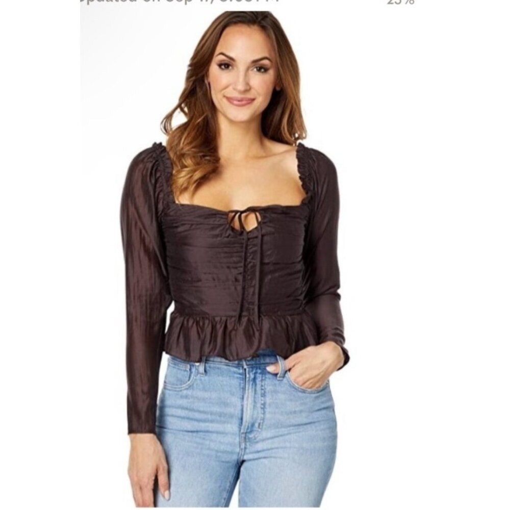 Wayf Cropped Brown Blouse Ruched Lined bodice Size Medium Long Sleeve NWT